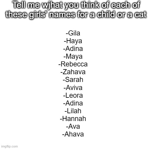 Tell me wjhat you think of each of these girls' names for a child or a cat; -Gila
-Haya
-Adina
-Maya
-Rebecca
-Zahava
-Sarah
-Aviva
-Leora
-Adina
-Lilah
-Hannah
-Ava
-Ahava | made w/ Imgflip meme maker