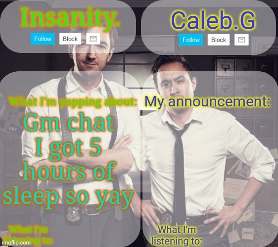 My brain is undeded | Gm chat I got 5 hours of sleep so yay | image tagged in insanity and caleb g 2 0 | made w/ Imgflip meme maker