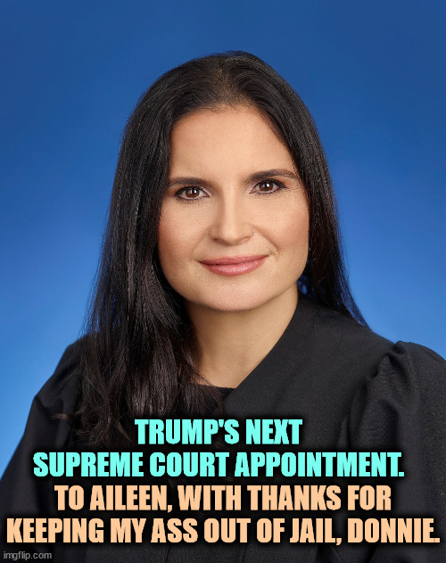 You don't think so? | TRUMP'S NEXT SUPREME COURT APPOINTMENT. TO AILEEN, WITH THANKS FOR KEEPING MY ASS OUT OF JAIL, DONNIE. | image tagged in aileen cannon maga trump judge,aileen cannon,maga,judge,trump,crooked | made w/ Imgflip meme maker