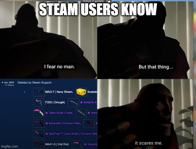 It scares me | STEAM USERS KNOW | image tagged in i fear no man but that thing it scares me | made w/ Imgflip meme maker