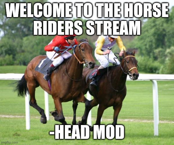 two horses racing | WELCOME TO THE HORSE
RIDERS STREAM; -HEAD MOD | image tagged in two horses racing | made w/ Imgflip meme maker