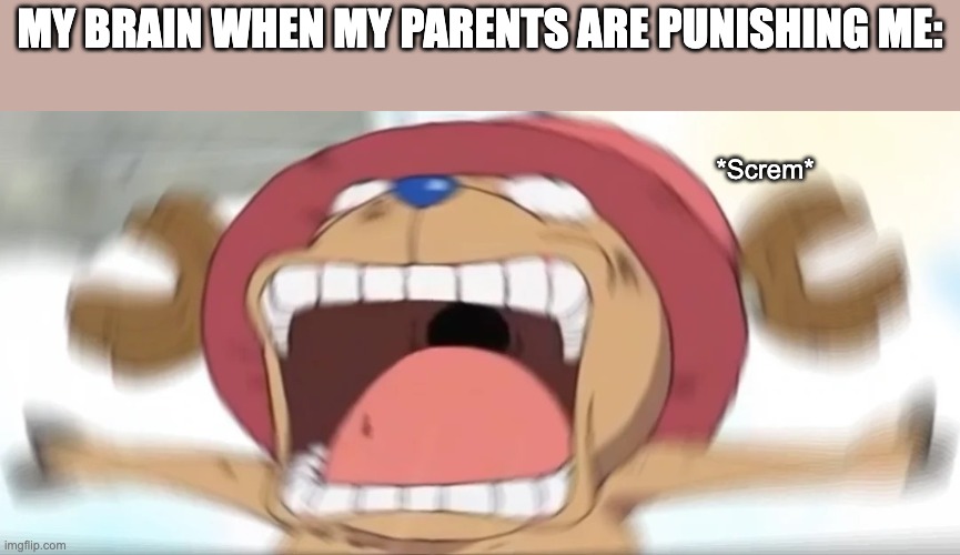 Chopper screaming | MY BRAIN WHEN MY PARENTS ARE PUNISHING ME:; *Screm* | image tagged in chopper screaming | made w/ Imgflip meme maker