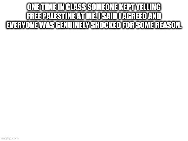 ONE TIME IN CLASS SOMEONE KEPT YELLING FREE PALESTINE AT ME. I SAID I AGREED AND EVERYONE WAS GENUINELY SHOCKED FOR SOME REASON. | made w/ Imgflip meme maker