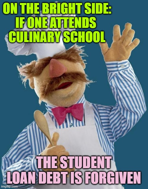 Swedish Chef | ON THE BRIGHT SIDE:
IF ONE ATTENDS 
CULINARY SCHOOL THE STUDENT LOAN DEBT IS FORGIVEN | image tagged in swedish chef | made w/ Imgflip meme maker
