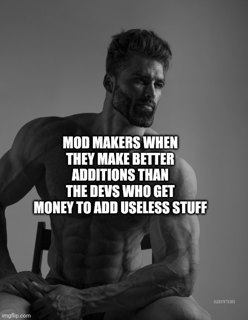 Thank you :) | MOD MAKERS WHEN THEY MAKE BETTER ADDITIONS THAN THE DEVS WHO GET MONEY TO ADD USELESS STUFF | image tagged in giga chad,gaming,gigachad | made w/ Imgflip meme maker