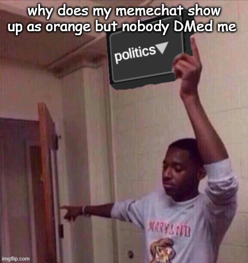 Go back to politics stream | why does my memechat show up as orange but nobody DMed me | image tagged in go back to politics stream | made w/ Imgflip meme maker
