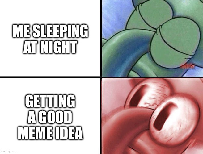 sleeping Squidward | ME SLEEPING AT NIGHT; GETTING A GOOD MEME IDEA | image tagged in sleeping squidward | made w/ Imgflip meme maker