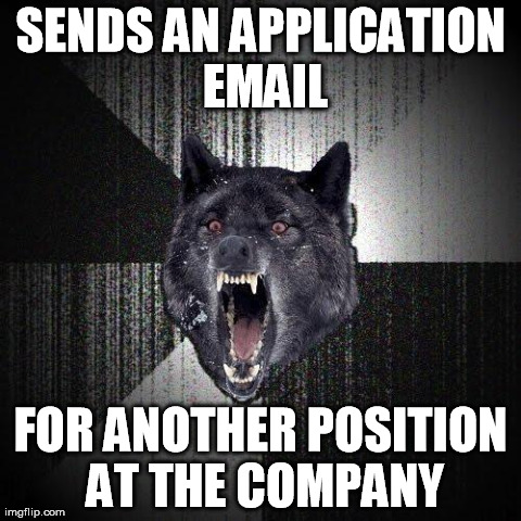 Insanity Wolf | SENDS AN APPLICATION EMAIL FOR ANOTHER POSITION AT THE COMPANY | image tagged in memes,insanity wolf,AdviceAnimals | made w/ Imgflip meme maker