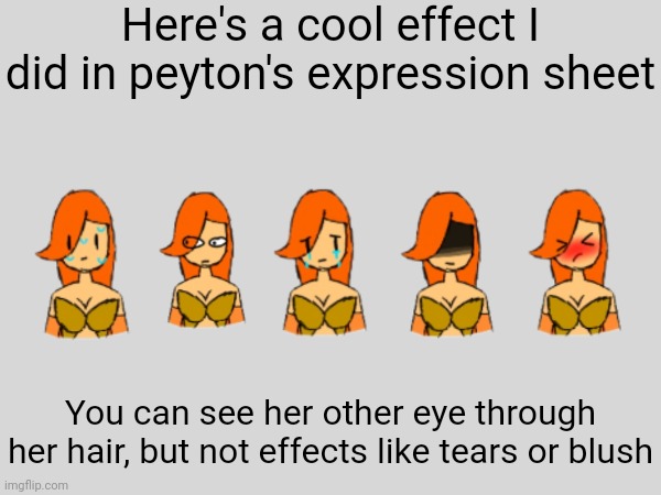 Here's a cool effect I did in peyton's expression sheet; You can see her other eye through her hair, but not effects like tears or blush | made w/ Imgflip meme maker