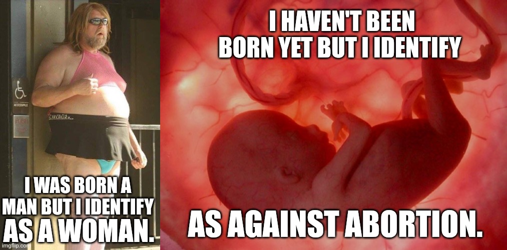 Stop killing babies. | I HAVEN'T BEEN BORN YET BUT I IDENTIFY; I WAS BORN A MAN BUT I IDENTIFY; AS A WOMAN. AS AGAINST ABORTION. | image tagged in tranny,fetus | made w/ Imgflip meme maker