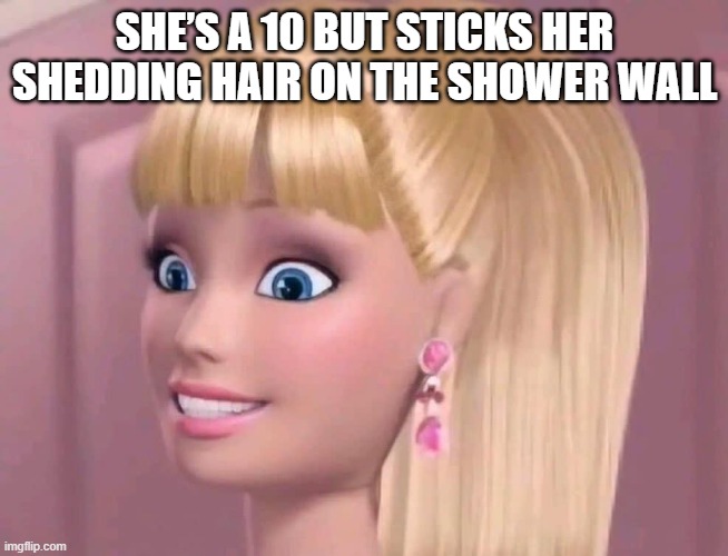 Barbie Shedding in Shower | SHE’S A 10 BUT STICKS HER SHEDDING HAIR ON THE SHOWER WALL | image tagged in barbie,funny,hair | made w/ Imgflip meme maker