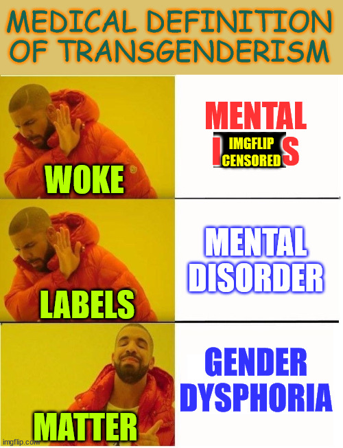 What's next?  Not being allowed to call it a mental condition? | MENTAL I          S MENTAL DISORDER GENDER DYSPHORIA IMGFLIP
CENSORED WOKE LABELS MEDICAL DEFINITION OF TRANSGENDERISM MATTER | image tagged in labels,matter,censorship matters | made w/ Imgflip meme maker