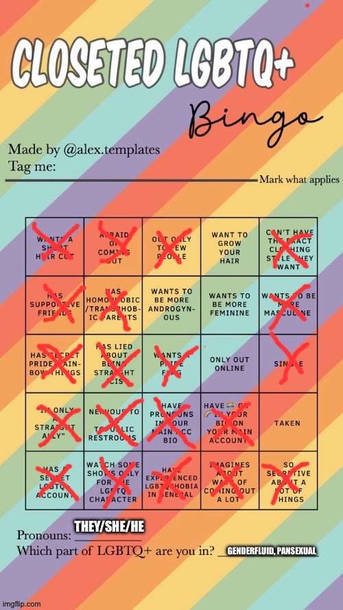 Closeted LGBTQ+ Bingo | THEY/SHE/HE; GENDERFLUID, PANSEXUAL | image tagged in closeted lgbtq bingo | made w/ Imgflip meme maker