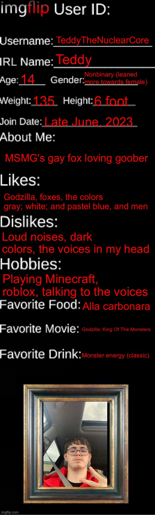 Boreded so U P D A T E | TeddyTheNuclearCore; Teddy; Nonbinary (leaned more towards female); 14; 135; 6 foot; Late June, 2023; MSMG's gay fox loving goober; Godzilla, foxes, the colors gray; white; and pastel blue, and men; Loud noises, dark colors, the voices in my head; Playing Minecraft, roblox, talking to the voices; Alla carbonara; Godzilla: King Of The Monsters; Monster energy (classic) | image tagged in imgflip id card | made w/ Imgflip meme maker