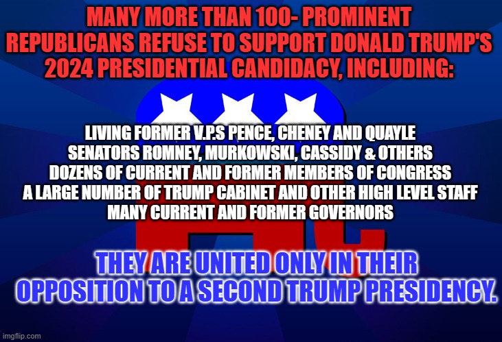 Not since Vietnam and LBJ, have so many opposed a second elected term for their party's "President." | MANY MORE THAN 100- PROMINENT REPUBLICANS REFUSE TO SUPPORT DONALD TRUMP'S 2024 PRESIDENTIAL CANDIDACY, INCLUDING:; LIVING FORMER V.P.S PENCE, CHENEY AND QUAYLE
SENATORS ROMNEY, MURKOWSKI, CASSIDY & OTHERS
DOZENS OF CURRENT AND FORMER MEMBERS OF CONGRESS
A LARGE NUMBER OF TRUMP CABINET AND OTHER HIGH LEVEL STAFF
MANY CURRENT AND FORMER GOVERNORS; THEY ARE UNITED ONLY IN THEIR OPPOSITION TO A SECOND TRUMP PRESIDENCY. | image tagged in politics | made w/ Imgflip meme maker