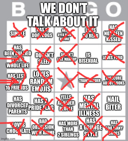 lgbt+ bingo lol | WE DON’T TALK ABOUT IT | image tagged in lgbt bingo lol | made w/ Imgflip meme maker