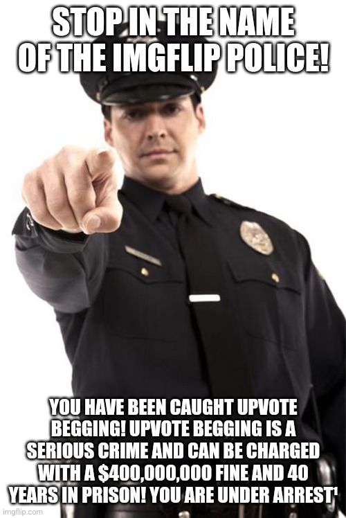 Police | STOP IN THE NAME OF THE IMGFLIP POLICE! YOU HAVE BEEN CAUGHT UPVOTE BEGGING! UPVOTE BEGGING IS A SERIOUS CRIME AND CAN BE CHARGED WITH A $40 | image tagged in police | made w/ Imgflip meme maker
