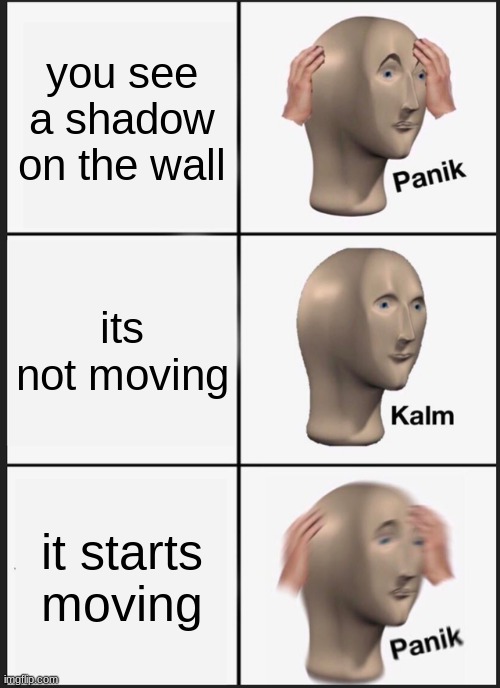 Panik Kalm Panik Meme | you see a shadow on the wall; its not moving; it starts moving | image tagged in memes,panik kalm panik,funny | made w/ Imgflip meme maker