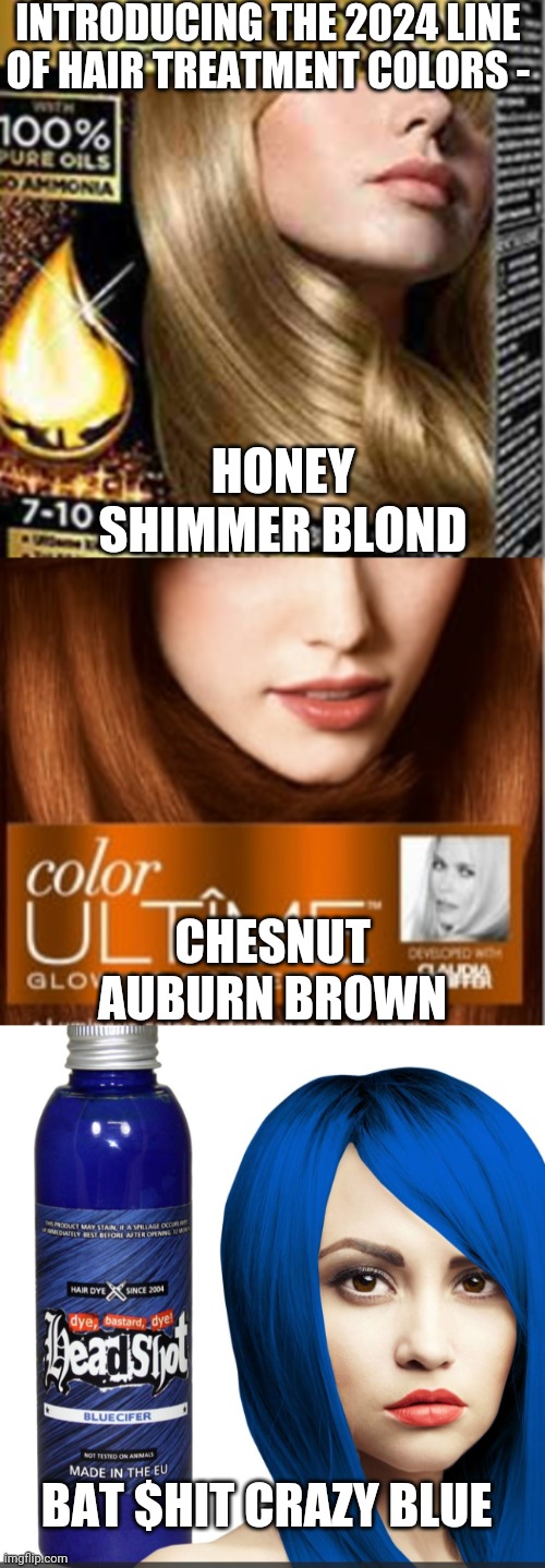 True blue ? | INTRODUCING THE 2024 LINE OF HAIR TREATMENT COLORS -; HONEY SHIMMER BLOND; CHESNUT AUBURN BROWN; BAT $HIT CRAZY BLUE | image tagged in leftists,liberals,millennials,democrats,socialism,marxism | made w/ Imgflip meme maker