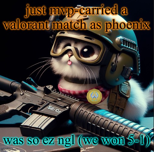 just mvp-carried a valorant match as phoenix; was so ez ngl (we won 5-1) | image tagged in ai generated silly critter but better | made w/ Imgflip meme maker
