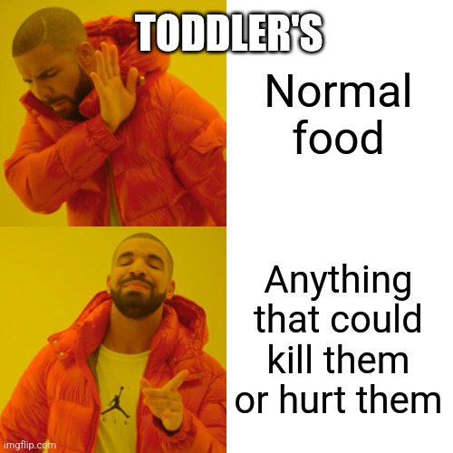 Toddler's | TODDLER'S; Normal food; Anything that could kill them or hurt them | image tagged in memes,drake hotline bling,toddler | made w/ Imgflip meme maker
