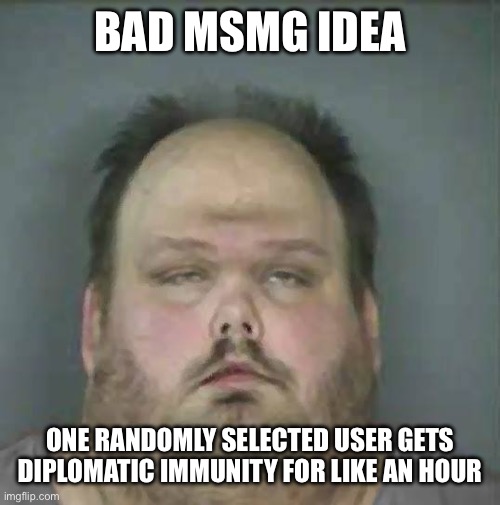 Johnny Racist | BAD MSMG IDEA; ONE RANDOMLY SELECTED USER GETS DIPLOMATIC IMMUNITY FOR LIKE AN HOUR | image tagged in johnny racist | made w/ Imgflip meme maker
