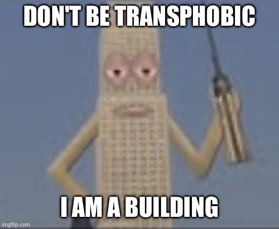 Building Dissaproves | DON'T BE TRANSPHOBIC; I AM A BUILDING | image tagged in building dissaproves | made w/ Imgflip meme maker