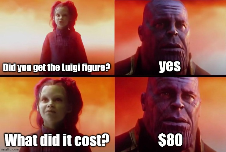 thanos what did it cost | Did you get the Luigi figure? yes What did it cost? $80 | image tagged in thanos what did it cost | made w/ Imgflip meme maker