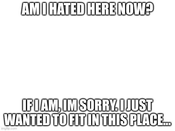 Please i just wanna be accepted in here. I never felt i was accepted anywhere. Please give me a chance. | AM I HATED HERE NOW? IF I AM, IM SORRY. I JUST WANTED TO FIT IN THIS PLACE... | image tagged in apology | made w/ Imgflip meme maker