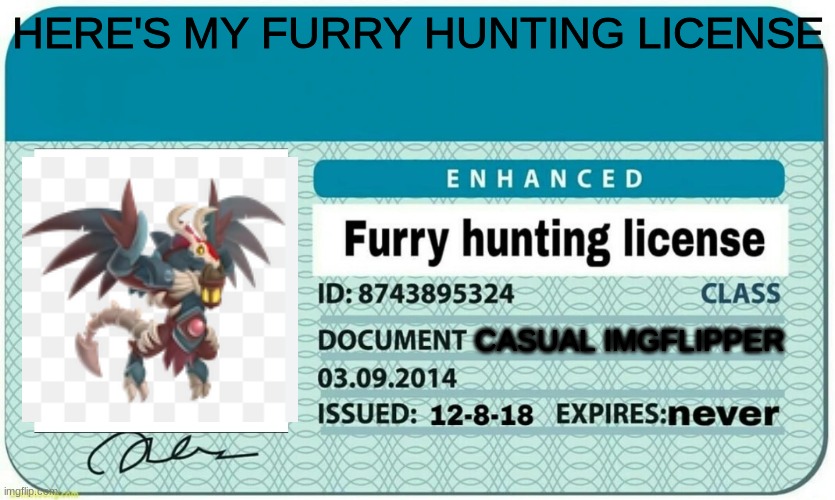 furry hunting license | HERE'S MY FURRY HUNTING LICENSE; CASUAL IMGFLIPPER | image tagged in furry hunting license | made w/ Imgflip meme maker