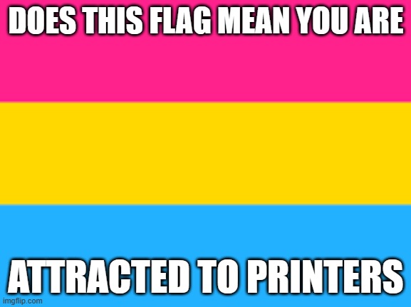 Pansexual flag | DOES THIS FLAG MEAN YOU ARE; ATTRACTED TO PRINTERS | image tagged in pansexual flag | made w/ Imgflip meme maker