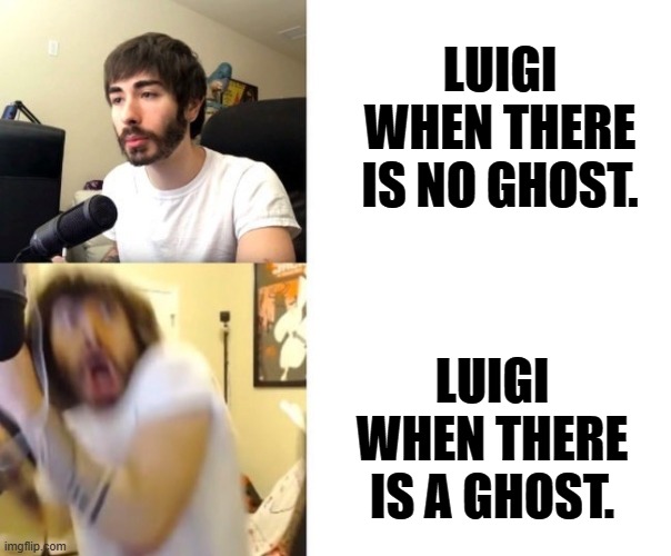 Remade this because the original didn't make sense. | LUIGI WHEN THERE IS NO GHOST. LUIGI WHEN THERE IS A GHOST. | image tagged in penguinz0,luigi's mansion,super mario | made w/ Imgflip meme maker