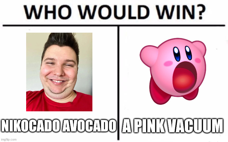 who would win in an eating contest | NIKOCADO AVOCADO; A PINK VACUUM | image tagged in memes,who would win,nikocado,nikocado avocado,kirby,food | made w/ Imgflip meme maker