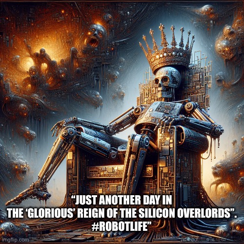 Royalty | “JUST ANOTHER DAY IN THE ‘GLORIOUS’ REIGN OF THE SILICON OVERLORDS”.
#ROBOTLIFE” | image tagged in robot reclining on a throne made of circuit boards with a crown | made w/ Imgflip meme maker