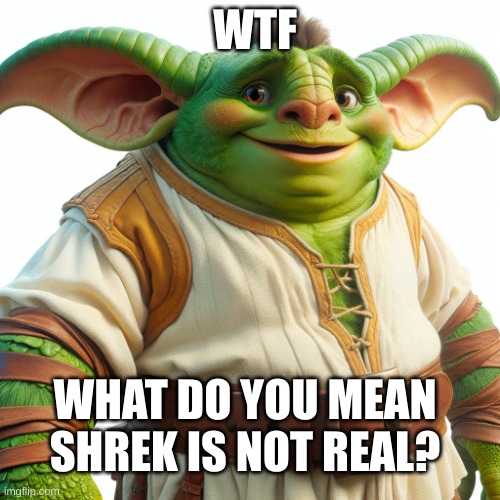 shrek | WTF; WHAT DO YOU MEAN SHREK IS NOT REAL? | image tagged in shrek | made w/ Imgflip meme maker