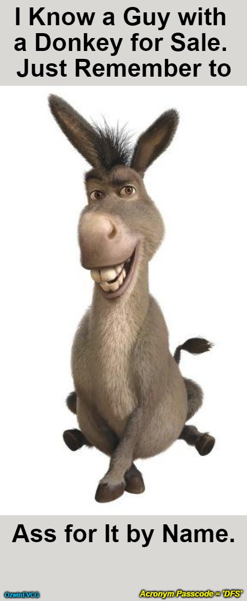 Acronym Passcode = 'DFS' | I Know a Guy with 
a Donkey for Sale. 
Just Remember to; Ass for It by Name. Acronym Passcode = 'DFS'; OzwinEVCG | image tagged in donkey from shrek,password strength,silly,selling donkeys,advice,for sale | made w/ Imgflip meme maker