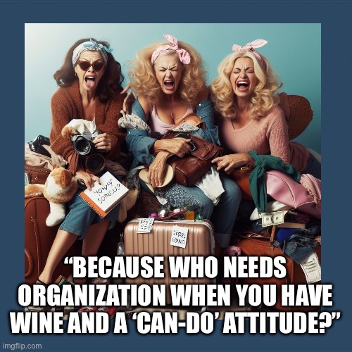 Girls weekend | “BECAUSE WHO NEEDS ORGANIZATION WHEN YOU HAVE WINE AND A ‘CAN-DO’ ATTITUDE?” | image tagged in party | made w/ Imgflip meme maker