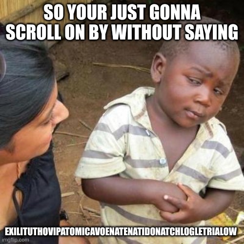 So You're Telling Me | SO YOUR JUST GONNA SCROLL ON BY WITHOUT SAYING; EXILITUTHOVIPATOMICAVOENATENATIDONATCHLOGLETRIALOW | image tagged in so you're telling me | made w/ Imgflip meme maker