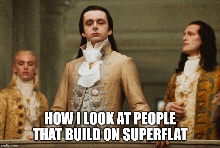 Look of superiority | HOW I LOOK AT PEOPLE THAT BUILD ON SUPERFLAT | image tagged in look of superiority | made w/ Imgflip meme maker
