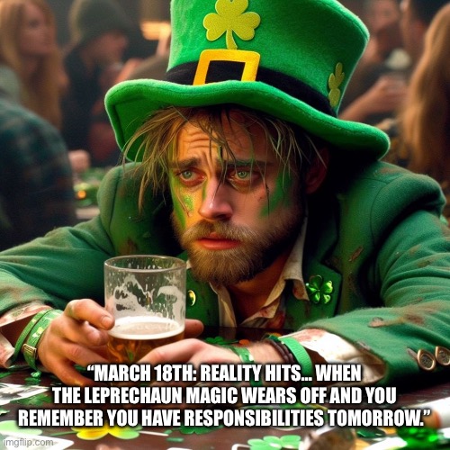 St Patrick’s Day | “MARCH 18TH: REALITY HITS… WHEN THE LEPRECHAUN MAGIC WEARS OFF AND YOU REMEMBER YOU HAVE RESPONSIBILITIES TOMORROW.” | image tagged in st patrick's day | made w/ Imgflip meme maker
