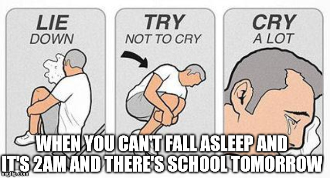 Try to fall asleep but you can't | WHEN YOU CAN'T FALL ASLEEP AND IT'S 2AM AND THERE'S SCHOOL TOMORROW | image tagged in school memes,stress memes,sleep deprivation memes,sleep memes | made w/ Imgflip meme maker