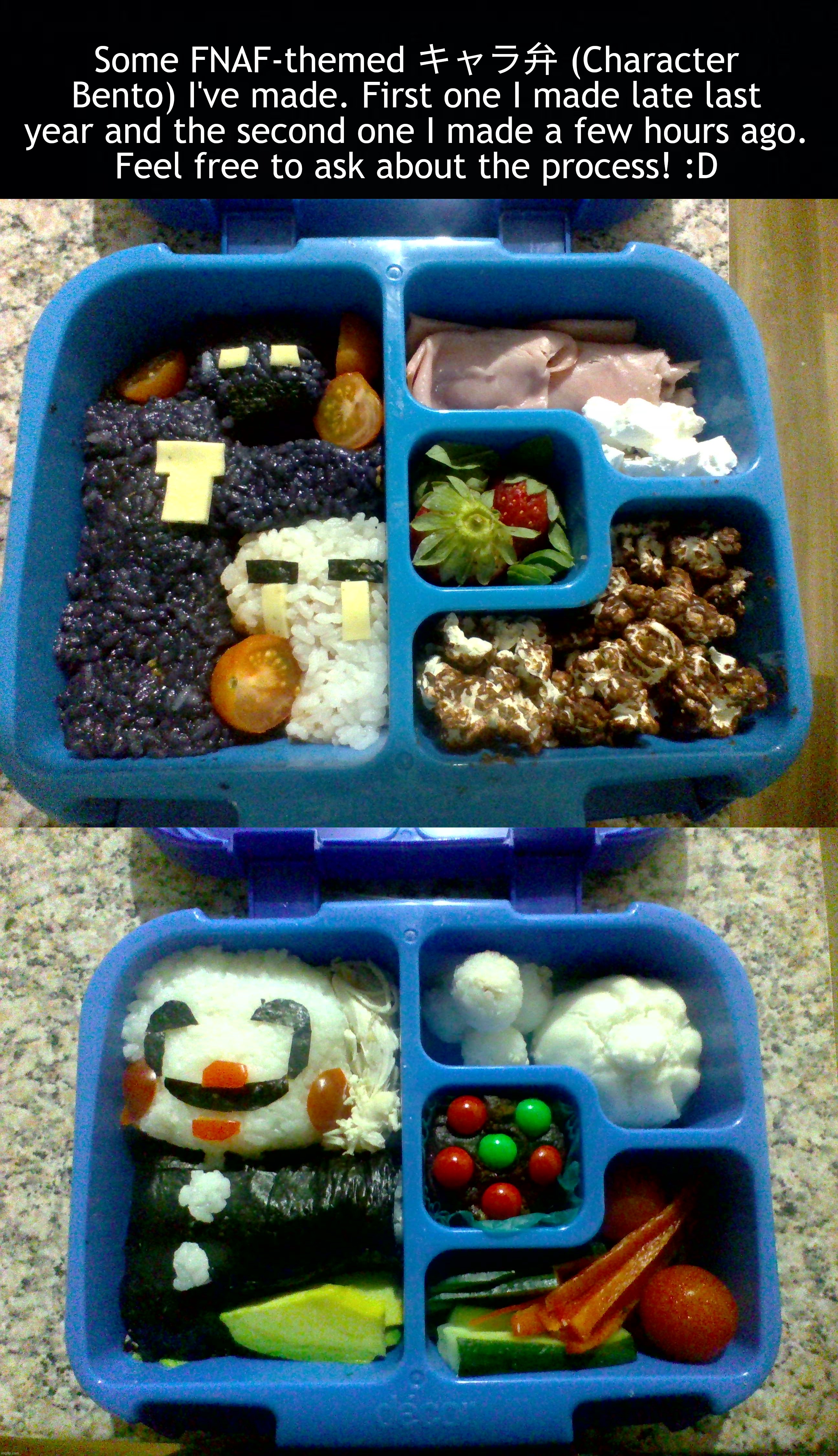 Ft. William Afton, Ghost and the Puppet! :D | Some FNAF-themed キャラ弁 (Character Bento) I've made. First one I made late last year and the second one I made a few hours ago.
Feel free to ask about the process! :D | image tagged in fnaf,five nights at freddys,kyaraben,bento,food | made w/ Imgflip meme maker
