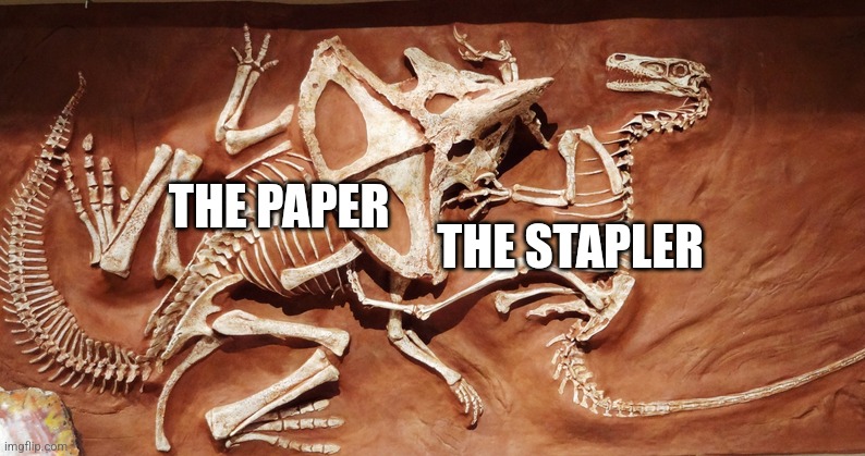 Staple, gosh darn it! | THE STAPLER; THE PAPER | image tagged in velociraptor vs protoceratops,relatable,jpfan102504 | made w/ Imgflip meme maker