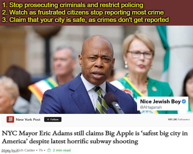 If you don't get reports of crimes, you can lie that there aren't many | 1. Stop prosecuting criminals and restrict policing
2. Watch as frustrated citizens stop reporting most crime
3. Claim that your city is safe, as crimes don't get reported | image tagged in nyc,mayor adams,crime | made w/ Imgflip meme maker
