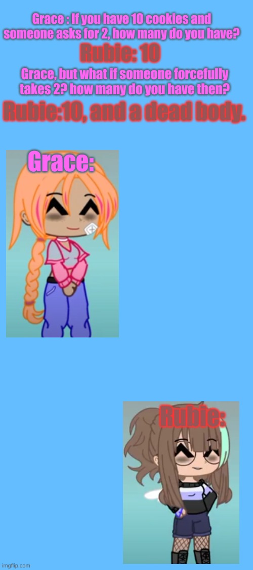 saw it one youtube and just had to | Grace : If you have 10 cookies and someone asks for 2, how many do you have? Rubie: 10; Grace, but what if someone forcefully takes 2? how many do you have then? Rubie:10, and a dead body. Grace:; Rubie: | image tagged in math,technical math that involves killing | made w/ Imgflip meme maker