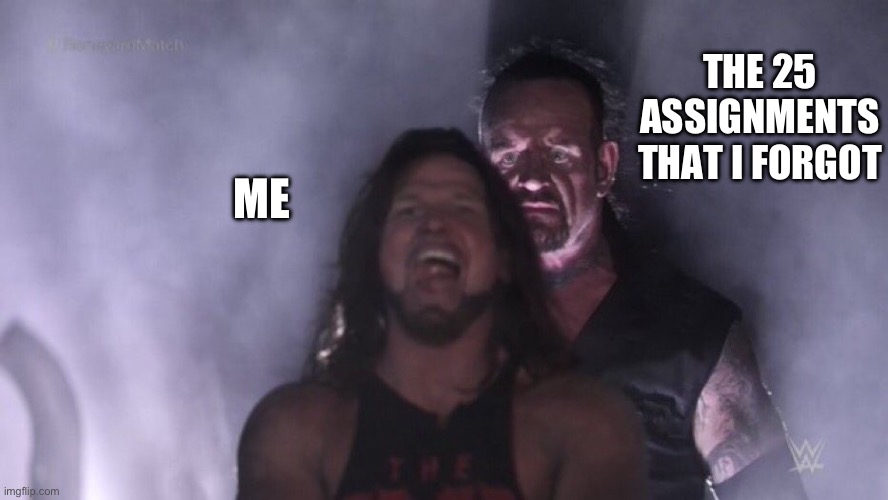 School be like | THE 25 ASSIGNMENTS THAT I FORGOT; ME | image tagged in aj styles undertaker,school | made w/ Imgflip meme maker