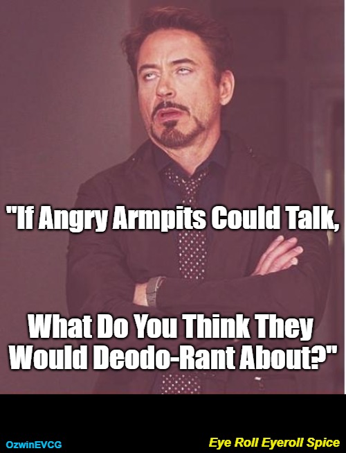Eye Roll Eyeroll Spice | "If Angry Armpits Could Talk, What Do You Think They 

Would Deodo-Rant About?"; Eye Roll Eyeroll Spice; OzwinEVCG | image tagged in memes,face you make robert downey jr,eyerolls,asking questions getting answers,deodorant,real talk | made w/ Imgflip meme maker