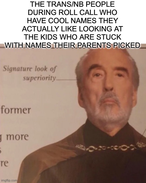 Unless your deadname is still in the school data or sm :/ | THE TRANS/NB PEOPLE DURING ROLL CALL WHO HAVE COOL NAMES THEY ACTUALLY LIKE LOOKING AT THE KIDS WHO ARE STUCK WITH NAMES THEIR PARENTS PICKED | image tagged in signature look of superiority | made w/ Imgflip meme maker