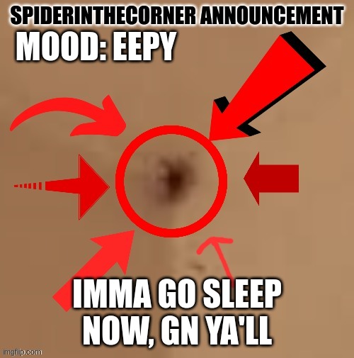 i'll be on a bit longer tho | MOOD: EEPY; IMMA GO SLEEP NOW, GN YA'LL | image tagged in spiderinthecorner announcement | made w/ Imgflip meme maker