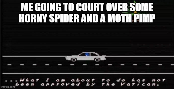 What I am about to do has not been approved by the Vatican. | ME GOING TO COURT OVER SOME HORNY SPIDER AND A MOTH PIMP | image tagged in what i am about to do has not been approved by the vatican | made w/ Imgflip meme maker